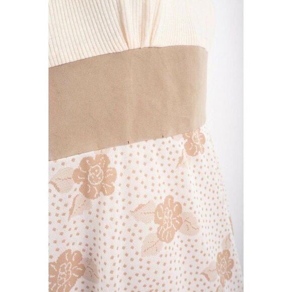 Vintage 70s Womans Maxi Dress Size 16 M Beige Tan Floral Turtleneck Sleeveless - Picture 8 of 9